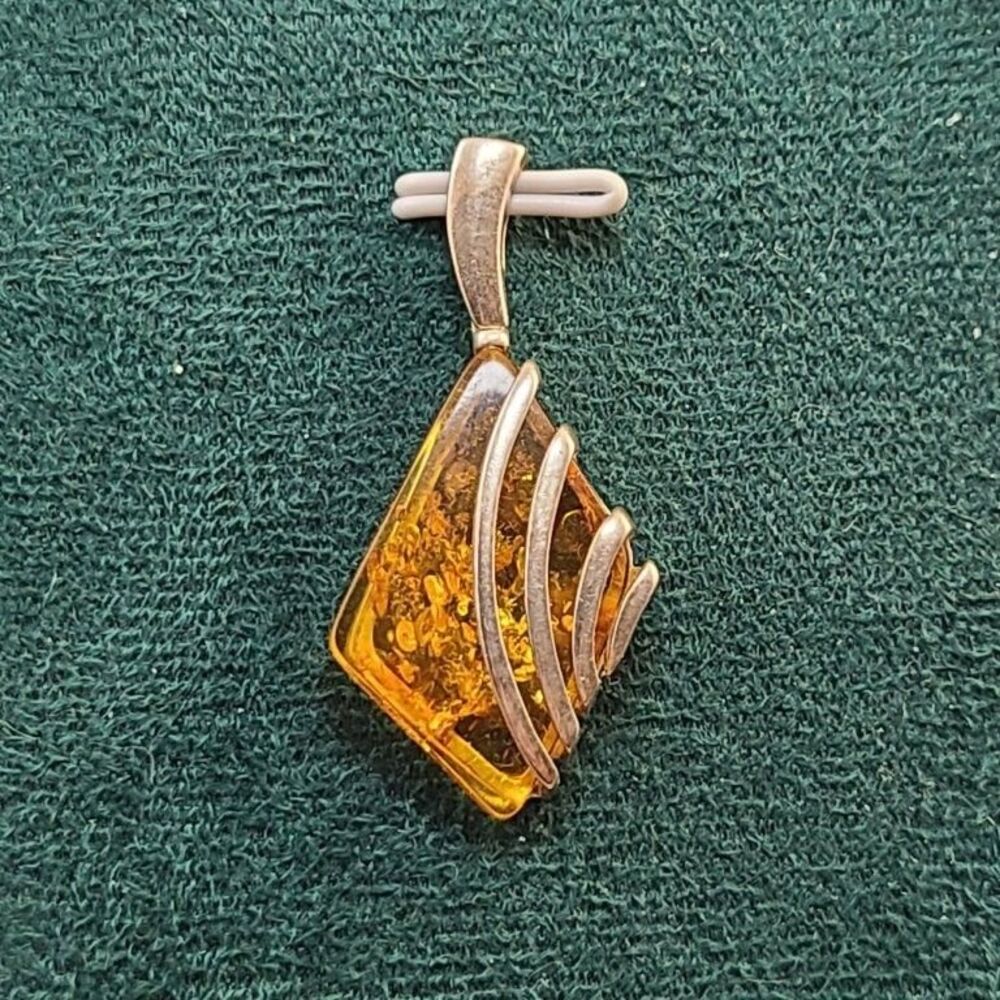 Vintage Amber Pendant 925 Sterling Silver Orange Baltic Honey Gemstone Estate